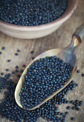 Dry black lentil beluga in a clay bowl and in a scoop 