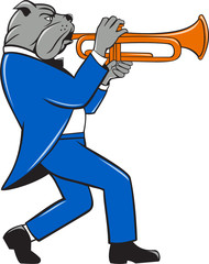 Bulldog Blowing Trumpet Side View Cartoon