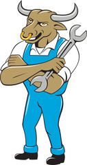 Bull Mechanic Spanner Standing Cartoon