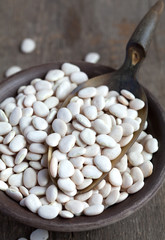Dry white baby lima beans in a clay bowl on wooden table