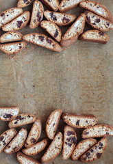 Handful of homemade biscotti with chocolate and almonds 