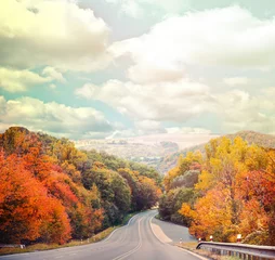 Papier Peint photo Lavable Automne Route vide dans la forêt d& 39 automne contre le ciel bleu