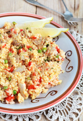 Meat Spanish paella with chicken sausage chorrizo and Bomba rice