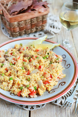 Meat Spanish paella with chicken sausage chorrizo and Bomba rice