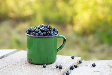 Fototapeta na wymiar Ripe wild blueberries in the old green mug on the wooden table