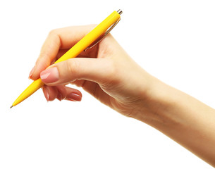 Female hand with pen isolated on white
