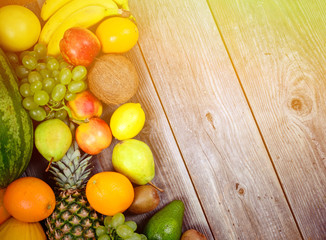 Huge group of fresh colorful fruit on wooden background - High q