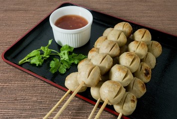 Fototapeta premium Delicious Grilled Meat Ball on Bamboo Skewer