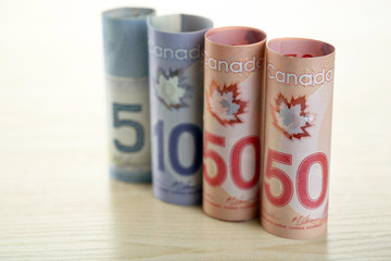 Canadian dollars on wooden table