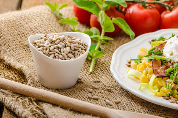 Spring salad of lentils with poached egg