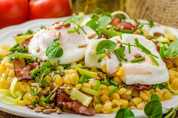 Spring salad of lentils with poached egg
