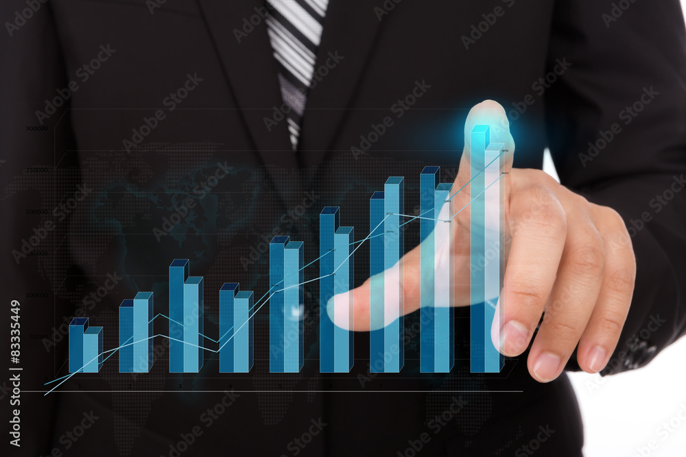 Poster business man pressing high tech type of modern graph on a virtua