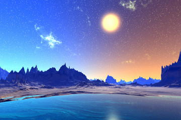 Fantasy alien planet. Rocks and lake