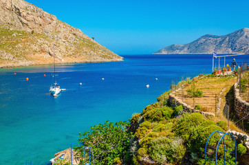 Greek Island Sea bay and yacht on anchor, Greece