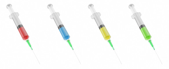 3d illustrations set of syringes with different colored liquid