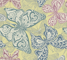 Seamless pattern with hand drawn flying butterflies.
