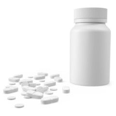 White jar with the tablets on the surface. 3d illustration High