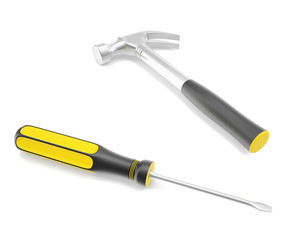 Tools for home, a screwdriver and a hammer isolated on a white