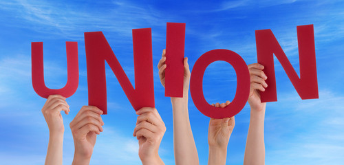Many People Hands Holding Red Word Union Blue Sky