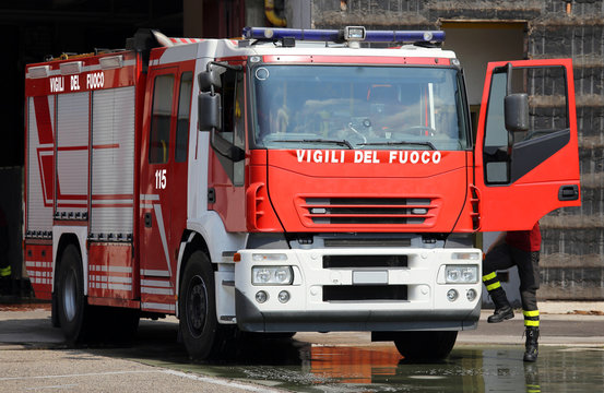italian red fire trucks with sirens blue ready for emergency