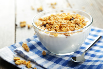 Muesli with yogurt in a bowl 