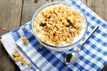 Muesli with yogurt in a bowl 