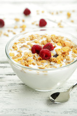 Muesli with yogurt in a bowl 