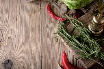 Food background, with herbs, spices, rosemary, papper and vegeta