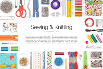 sewing and knitting on white background - obrazy, fototapety, plakaty