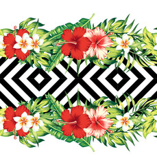 hibiscus and leaves tropical border, geometric background  © berry2046