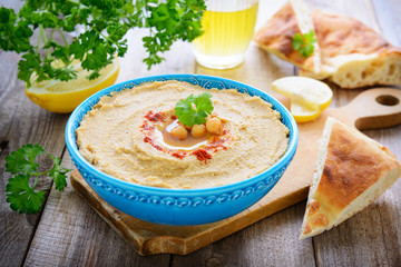 Homemade hummus from chickpea and pita