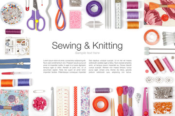 sewing and knitting on white background