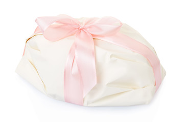 White gift present with pink satin ribbon on white, clipping path
