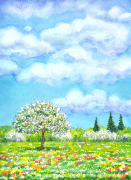 Watercolor landscape of series "Tree in different seasons"