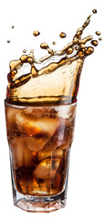 Cola glass with ice cubes and drink splash.