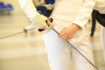 fencer with fencing mask and rapier - obrazy, fototapety, plakaty