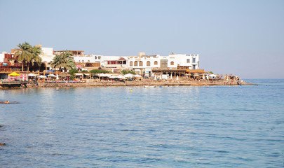 Fototapeta na wymiar Beautiful Sharm El Sheikh Egypt coastline. Red sea beach resort.