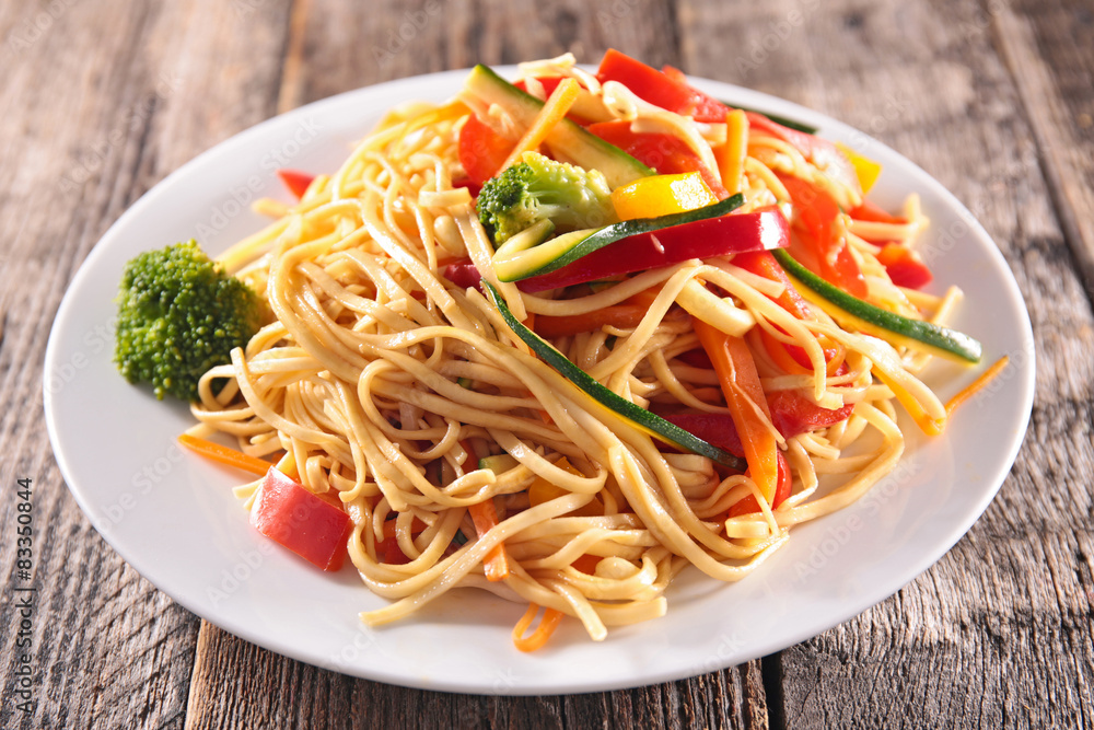 Wall mural plate of noodles and vegetables