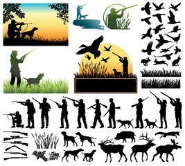 Hunting silhouettes and labels vector set