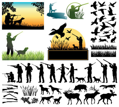 Hunting silhouettes and labels vector set
