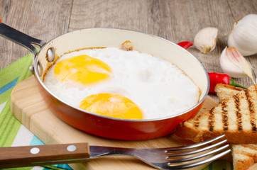 Fried eggs in pan