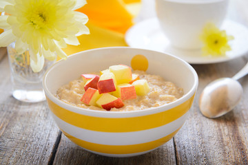Healthy breakfast - oatmeal porridge with slice of apples