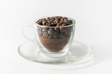 Coffe cup with beens / grey backgraund