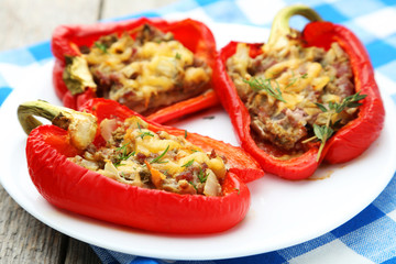 Red peppers stuffed with meat, rice and vegetables