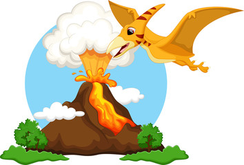Funny pterodactyl flying with background volcanoes © irwanjos