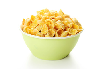 Bowl of cornflakes isolated on white