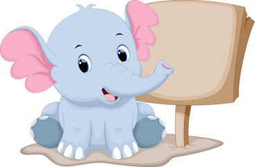 Cute baby elephant cartoon with a blank sign