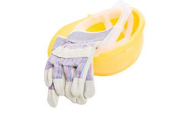 Builder yellow hat and leather gloves