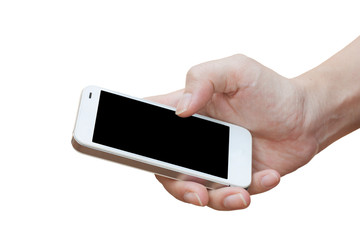 Hand holding smart phone isolated over white background