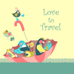 Cute birds floating on umbrella in the sea